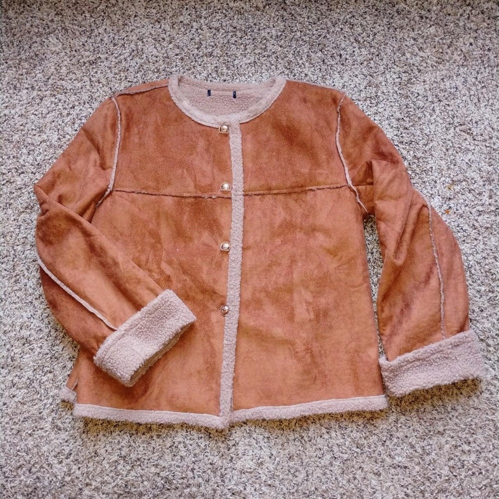 NEW Faux Suede Sherpa-Lined Jacket XL Cognac Brown Gold Buttons